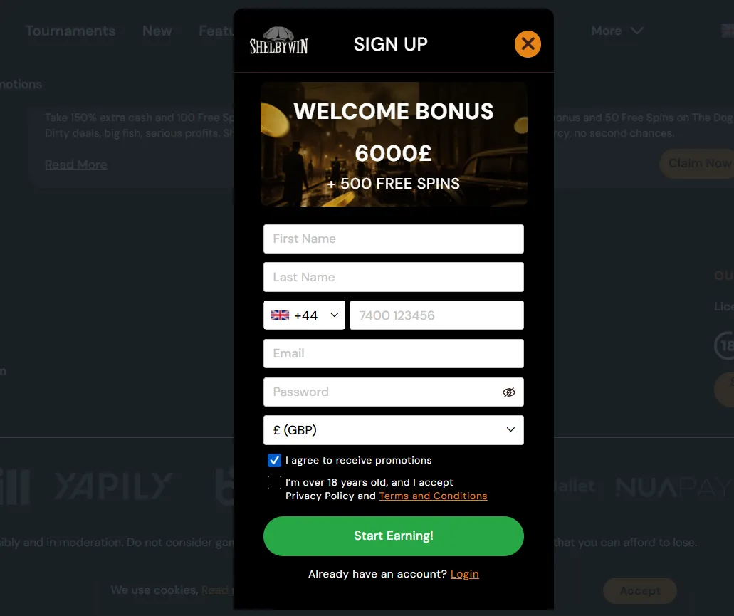 Sign up and registration page at ShelbyWin Casino